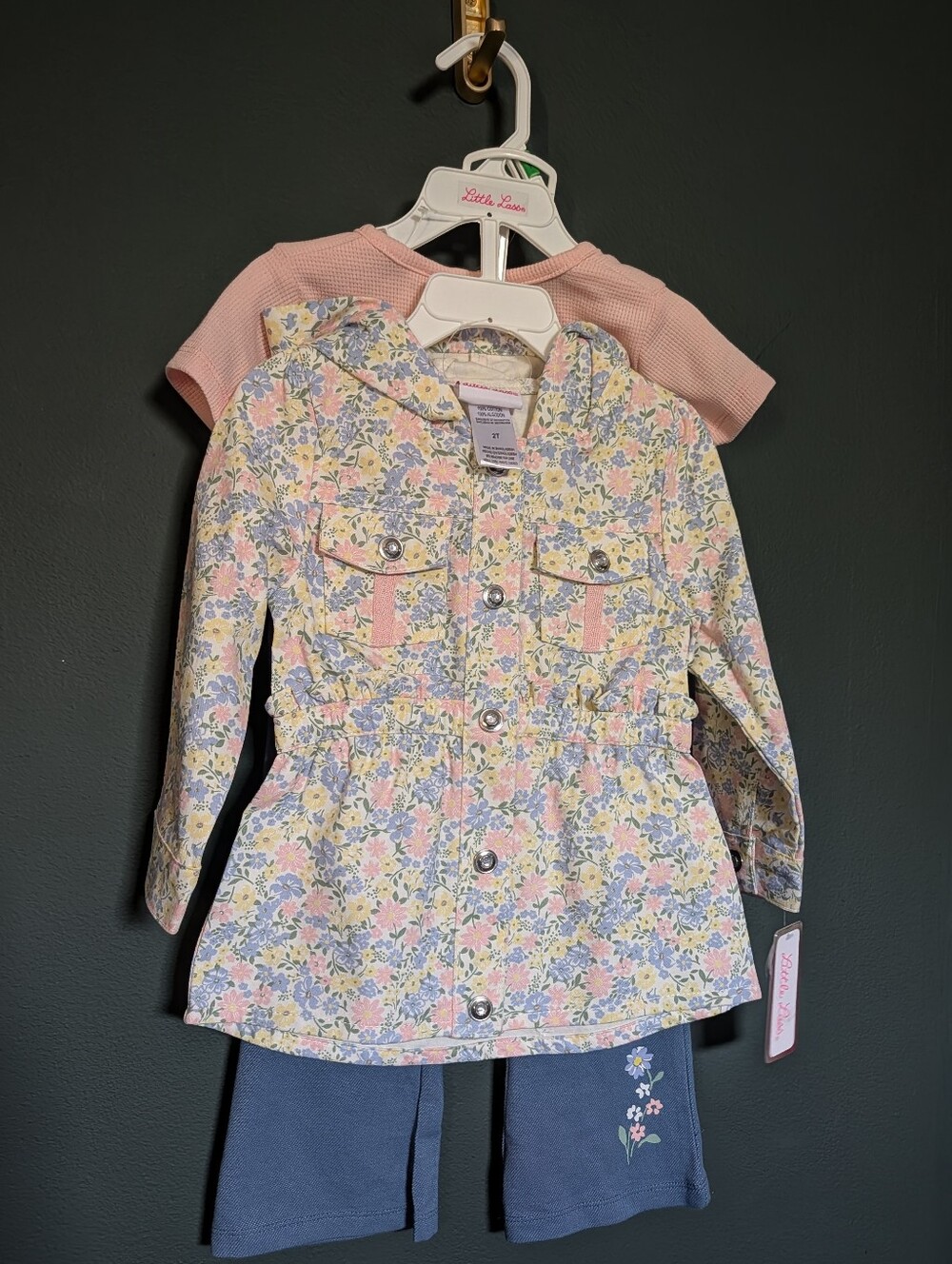 Little Lass Floral Hooded Coat With Matching Shirt And Pants Set